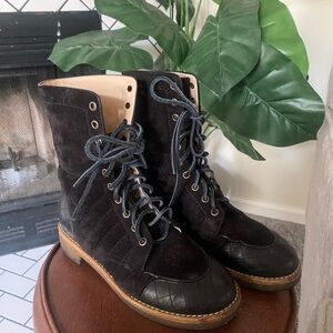 chanel black suede combat boots